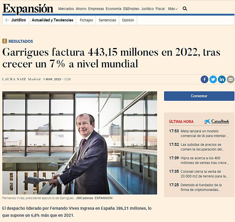 Garrigues factura 443,15 millones en 2022, tras crecer un 7% a nivel mundial